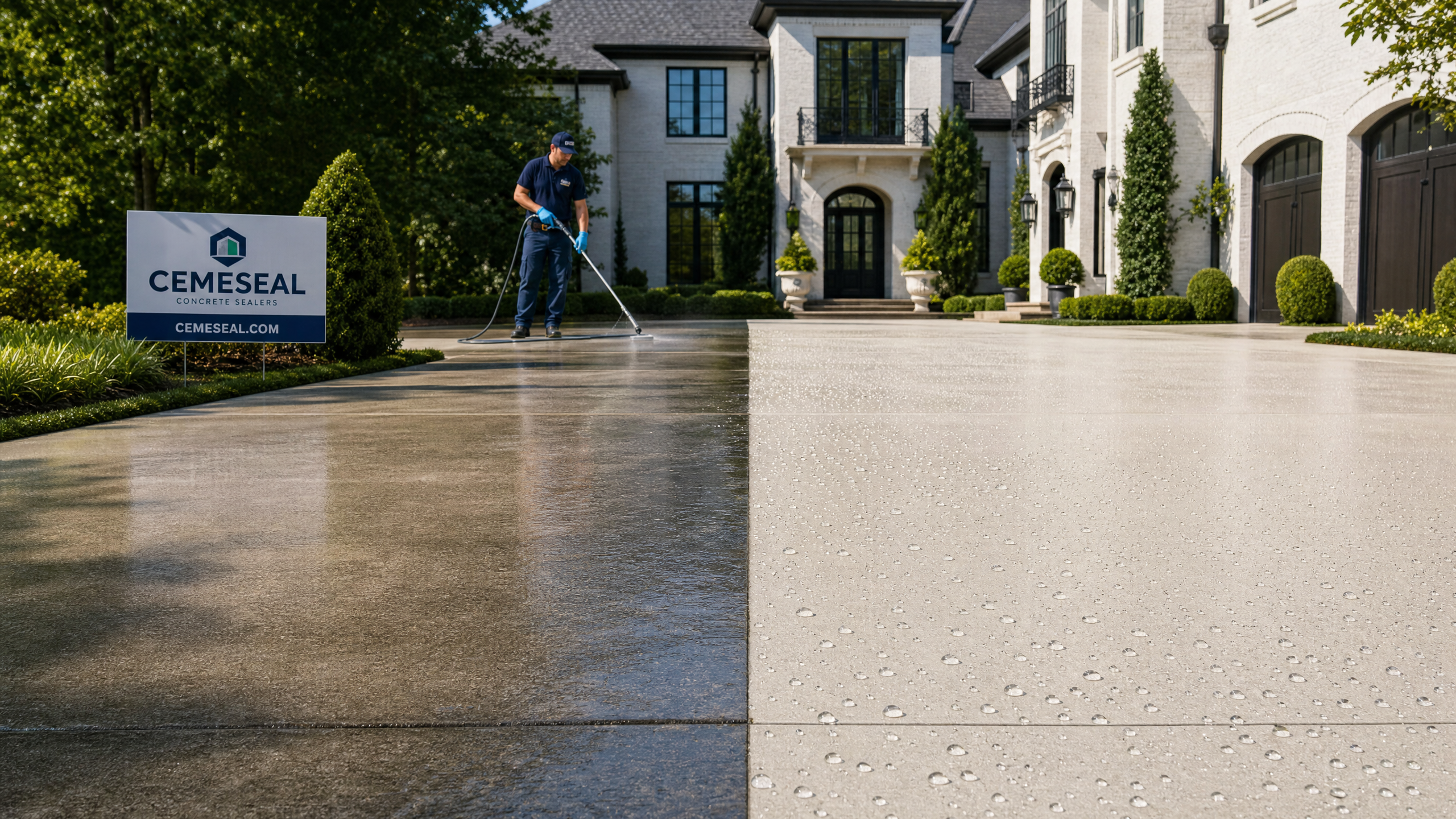 CemeSeal technician sealing a luxury home concrete driveway, showing the protected before-and-after result