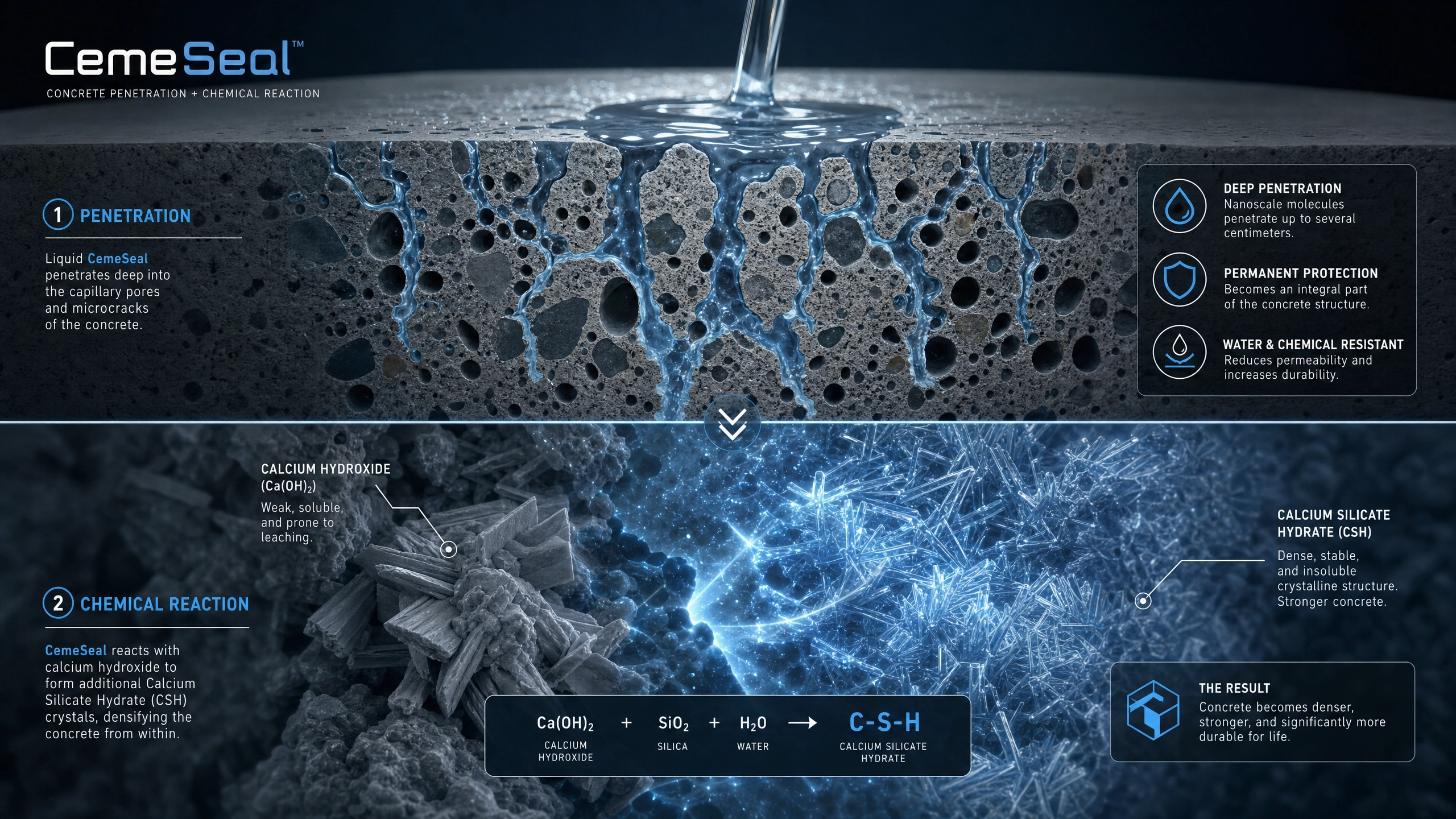 CemeSeal concrete penetration and chemical reaction infographic showing Calcium Silicate Hydrate formation